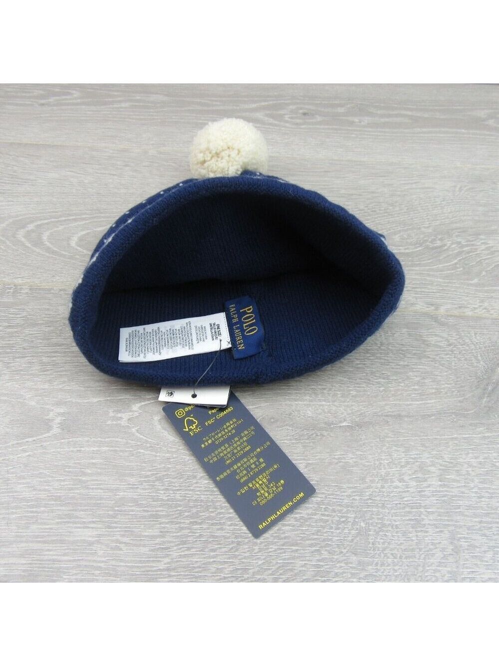 Polo Ralph Lauren Pom Pom Beanie Cap One Size Navy White NEW - Picture 8 of 12